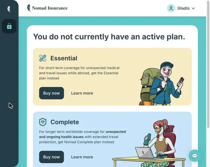 My SafetyWing account dashboard showing no active plan and the option to buy Nomad Essential or Nomad Complete