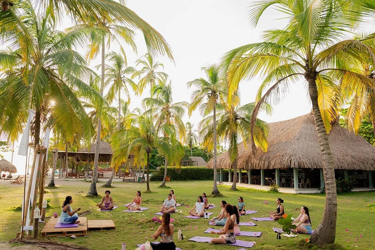 Yoga class on a lawn among palm trees beside thatched-roof buildings at a coastal retreat near Santa Marta, Colombia